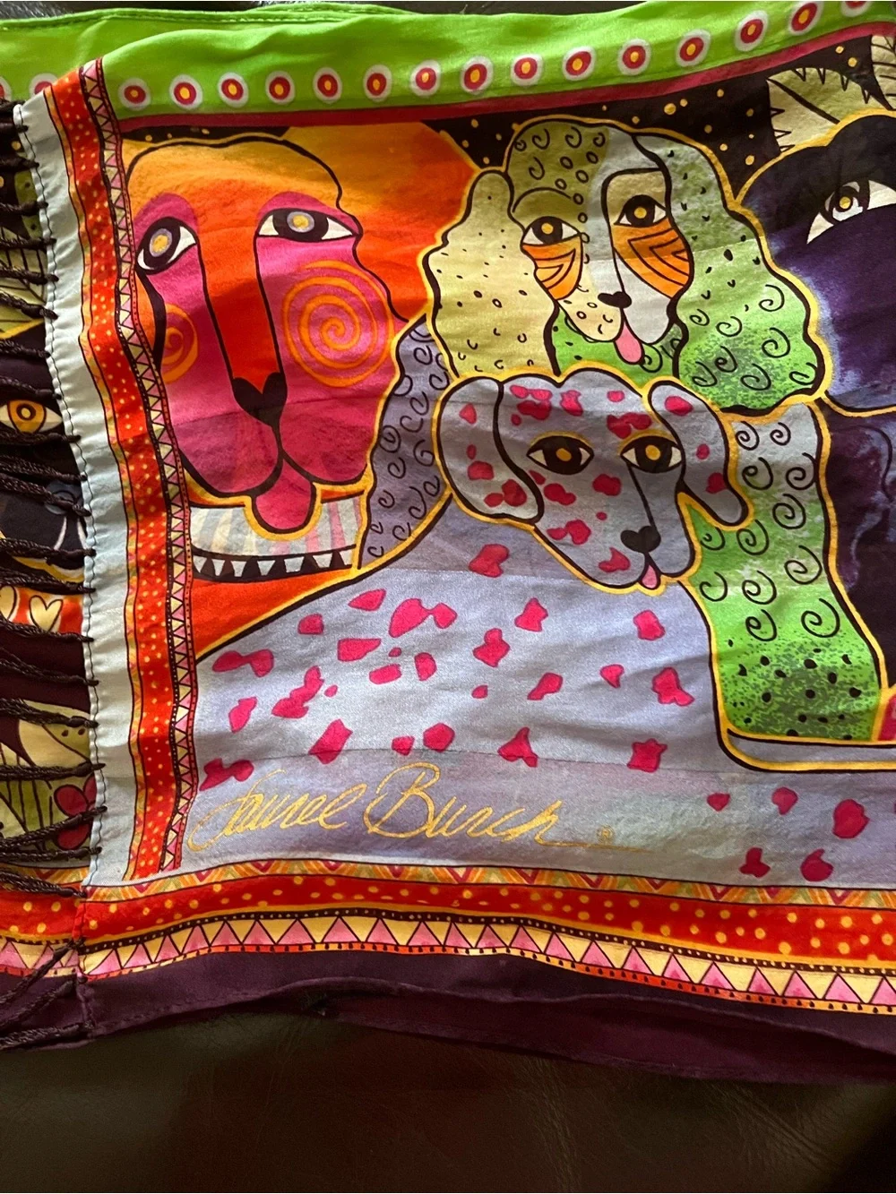 Laurel Burch Long Fringe Silk Scarf with Multicolor Cat Motif